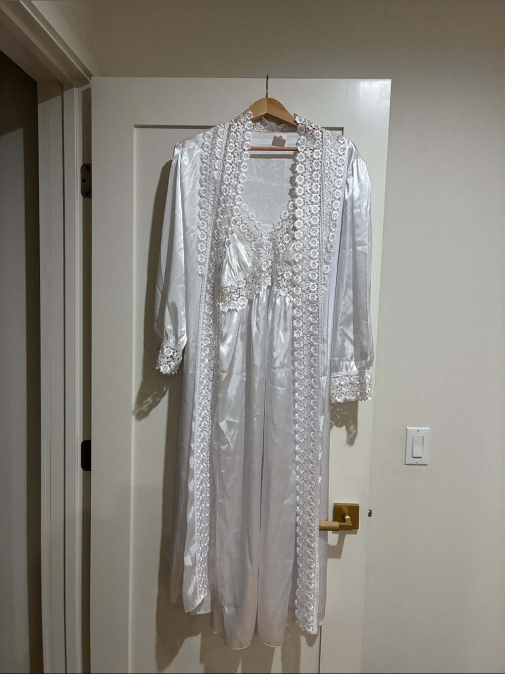 Jasmine White Satin Nightgown and Lace-Trim Robe Set